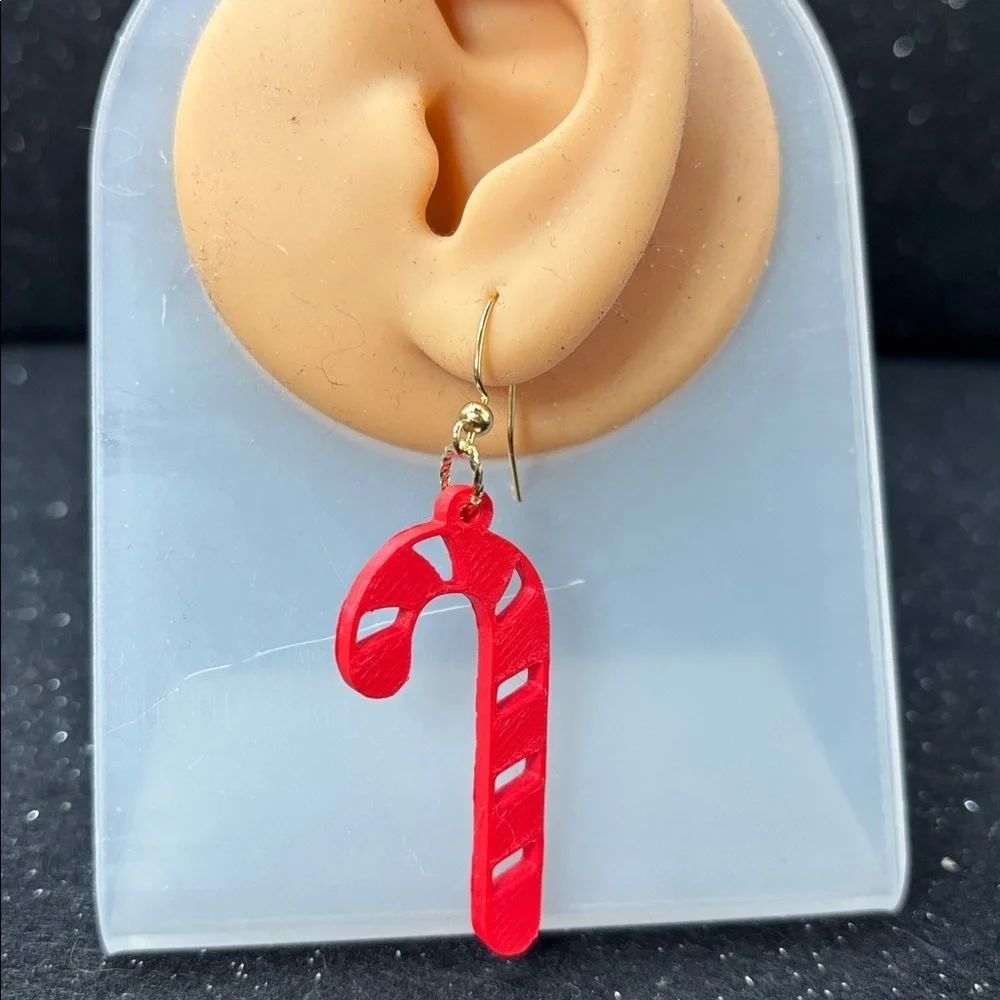 Red Candy Cane Dangle Earrings – Christmas Holiday Earrings in Gold Tone
